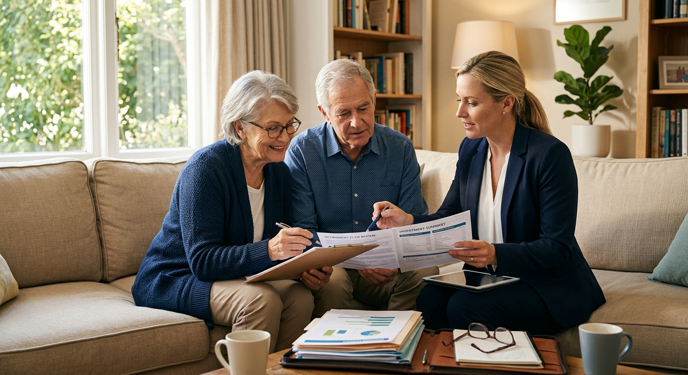 An attorney meeting with an elderly couple to review documents