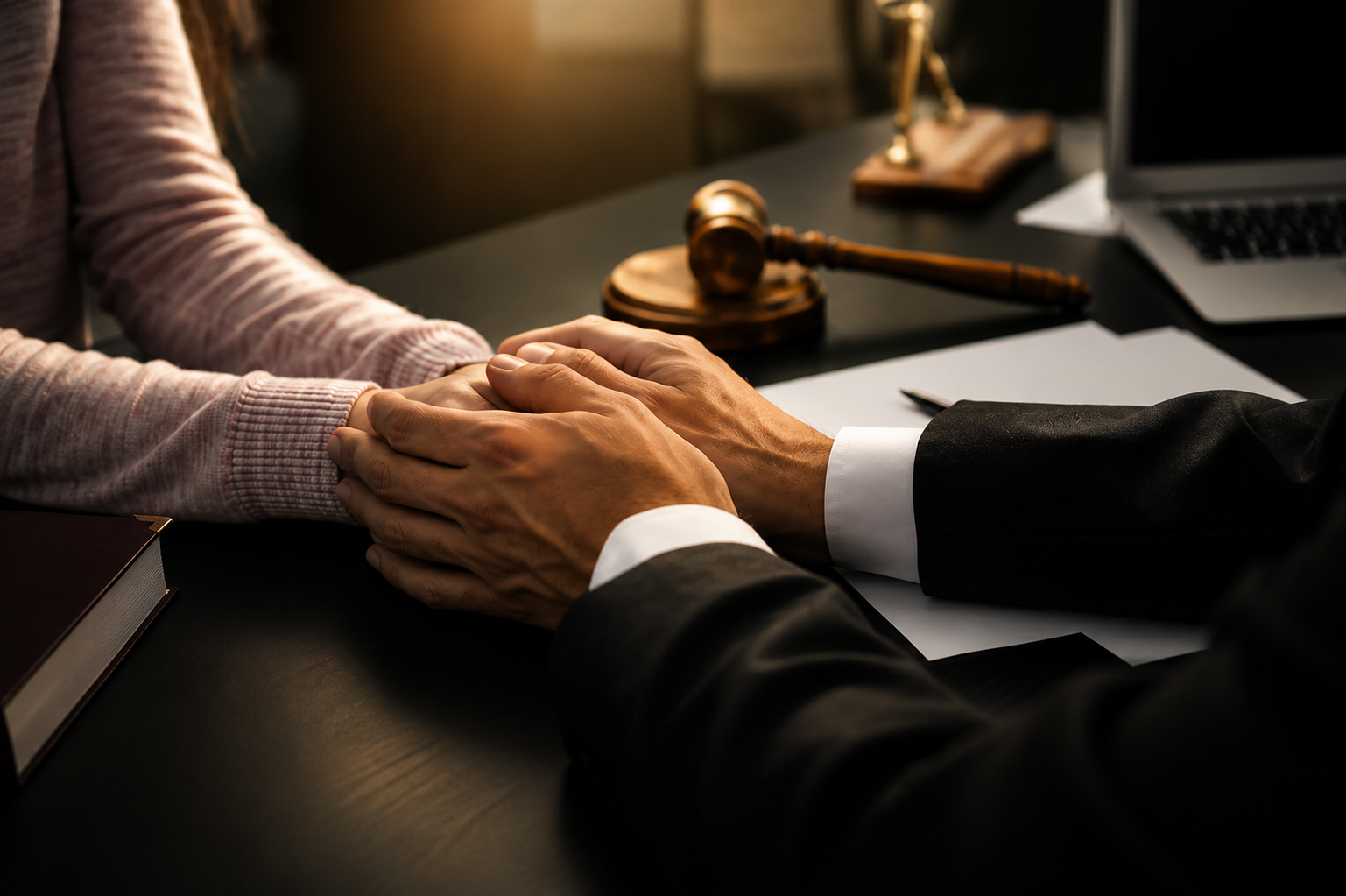 An attorney comforting a client during a consultation
