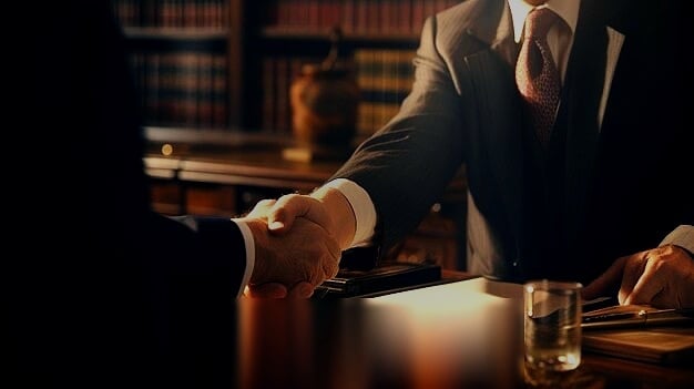 Attorneys shaking hands in a law library